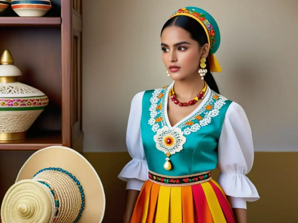 Detalle de atuendo tradicional de las Islas Canarias, con bordados, colores vibrantes y accesorios tradicionales como sombreros y joyas