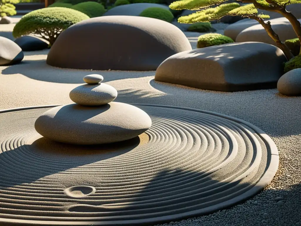 Detalle en blanco y negro de jardín de rocas japonés, simbolismo del folklore japonés budista en atmósfera serena y contemplativa