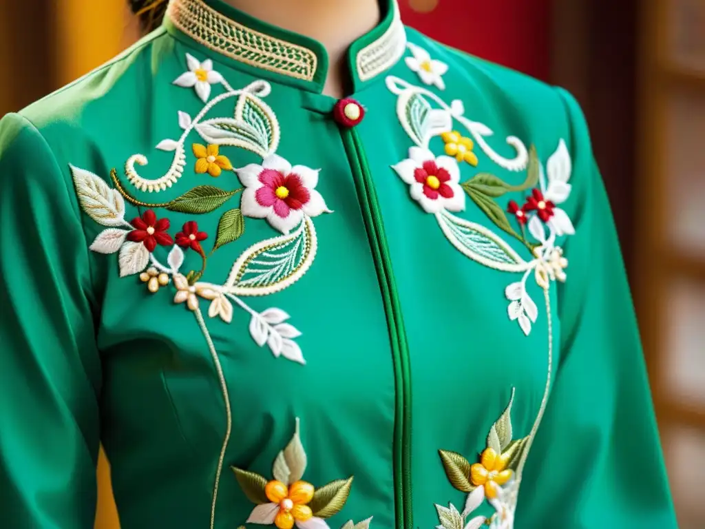 Detalle de bordado en Ao Dai vietnamita, reflejando la artesanía y simbología cultural