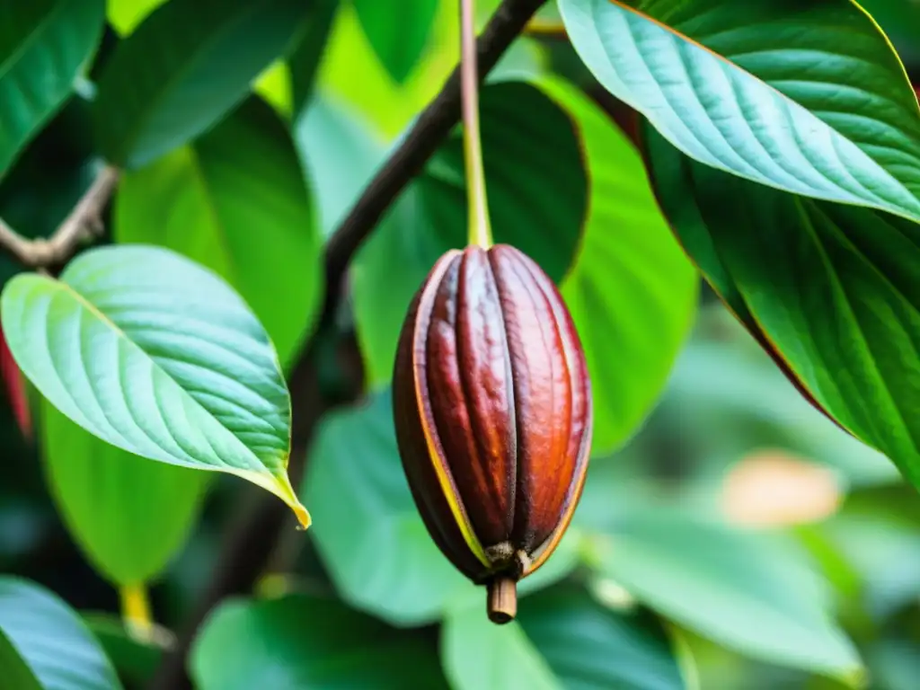 Detalle de cacao en árbol, resaltando colores y texturas