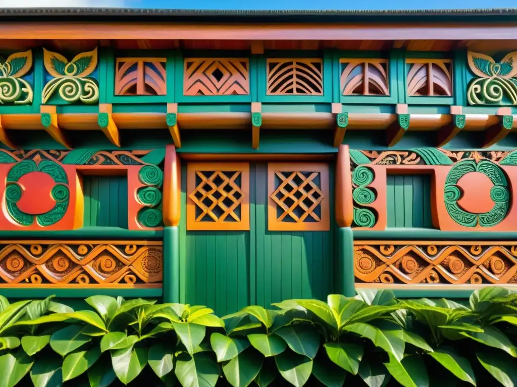 Detalle de la casa de reuniones maorí en Nueva Zelanda con intrincados diseños y colores vibrantes, resaltando la rica cultura y artesanía maorí