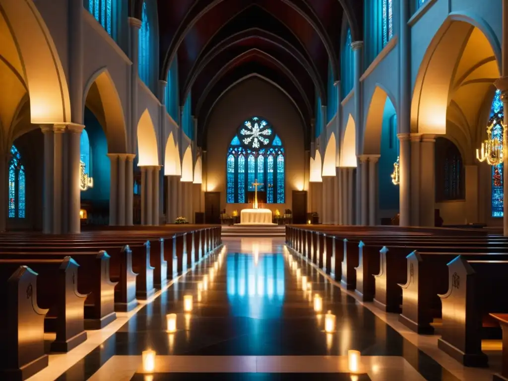 Detalle de una catedral iluminada con vitrales, bancos de madera y luz de velas