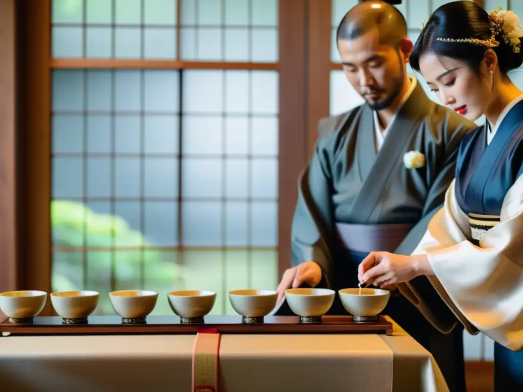 Detalle de la Ceremonia del Sake en bodas japonesas, con la pareja participando en el ritual con expresiones serenas y atuendos tradicionales