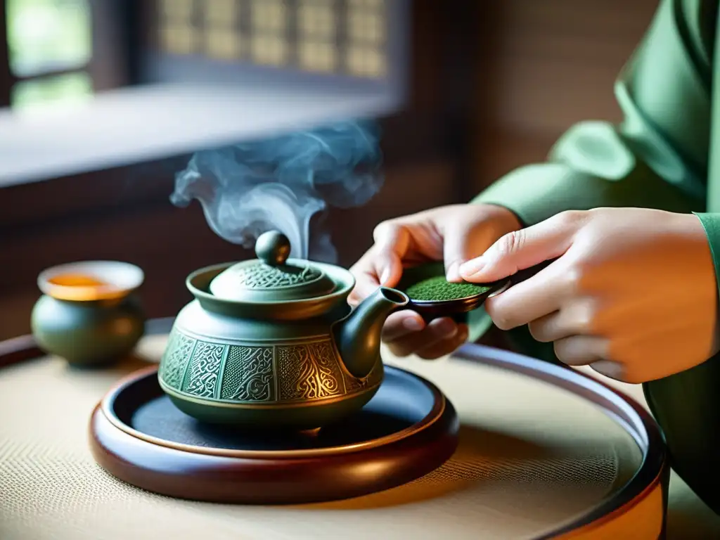 Detalle de una ceremonia tradicional coreana del té Darye, capturando la serenidad y meticulosidad de los rituales del té en culturas