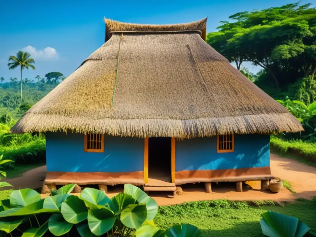 Detalle de una choza tradicional congoleña con diseños geométricos, bajo el cielo azul y la vegetación exuberante