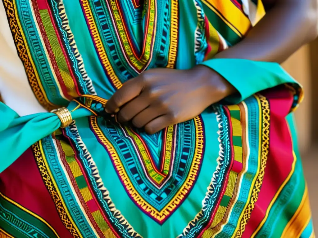 Detalle de una colorida y auténtica tela Dashiki africana siendo elaborada por artesanos expertos en un bullicioso mercado en África Occidental