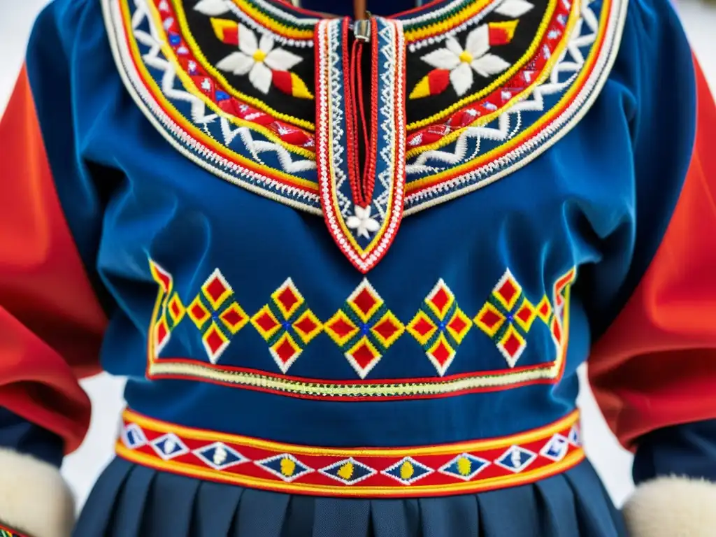 Detalle de la colorida y detallada vestimenta tradicional Sami Europa, con bordados, abalorios y símbolos vibrantes