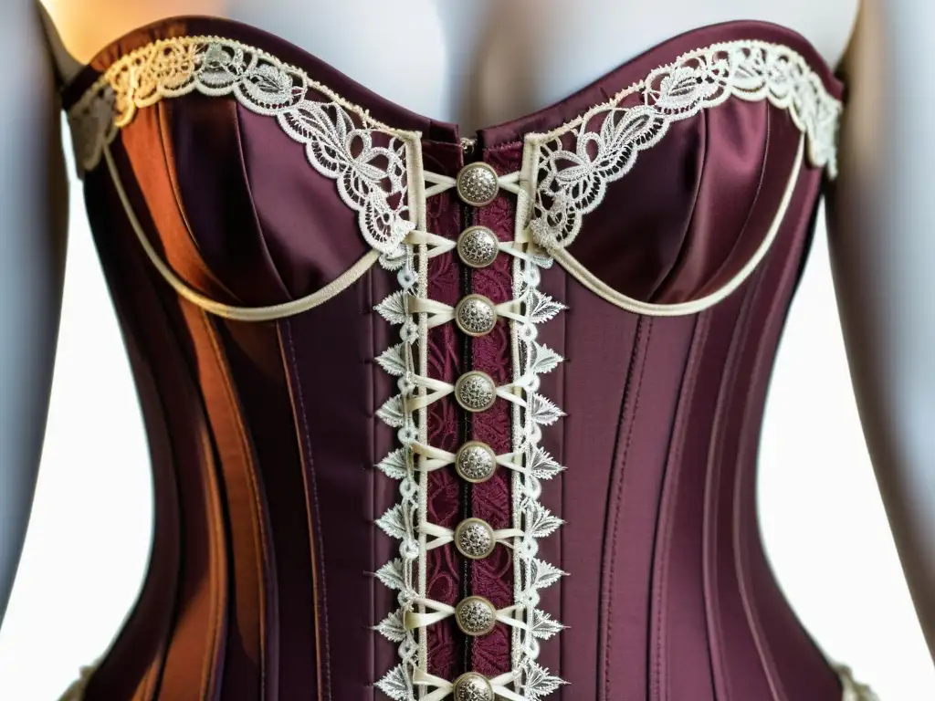 Corset victoriano en encaje y detalles burgundy Detalle de corset victoriano en encaje burgundy, evocando el regreso de corsets a la moda actual
