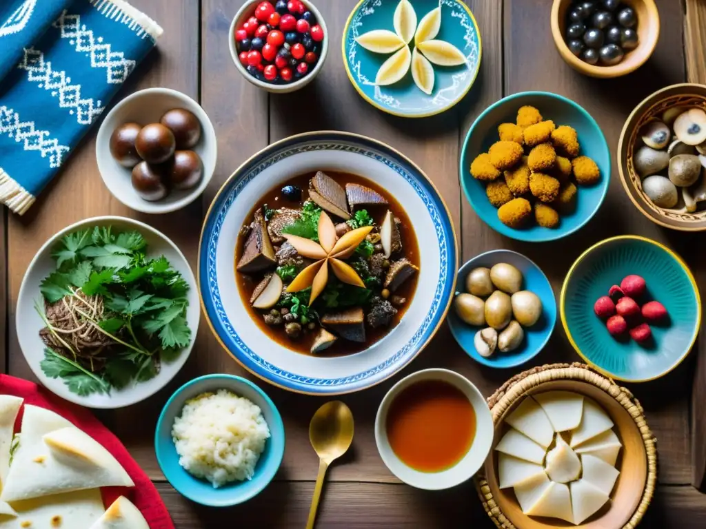 Detalle de la dieta tradicional de los pueblos indígenas de Siberia, con alimentos emblemáticos y utensilios artesanales en una mesa de madera