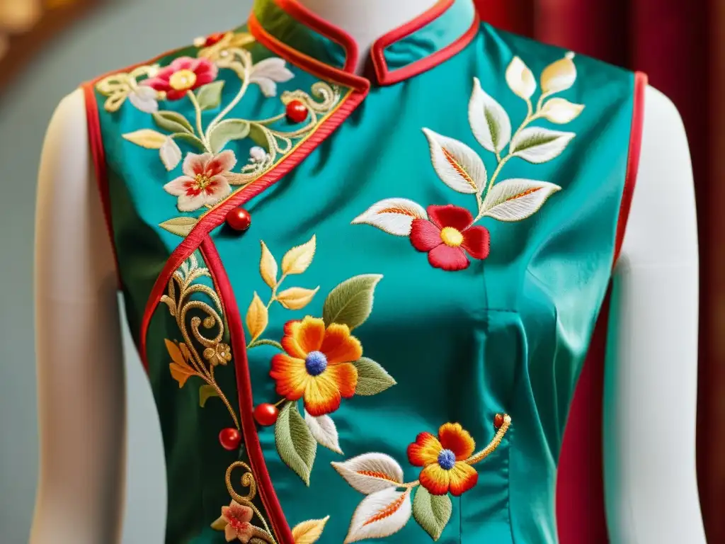 Detalle de un elegante Cheongsam bordado, resaltando su significado cultural y evolución