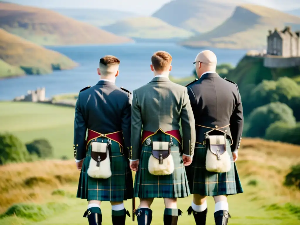 Detalle de kilts escoceses en boda tradicional, simbolismo del kilt en Escocia