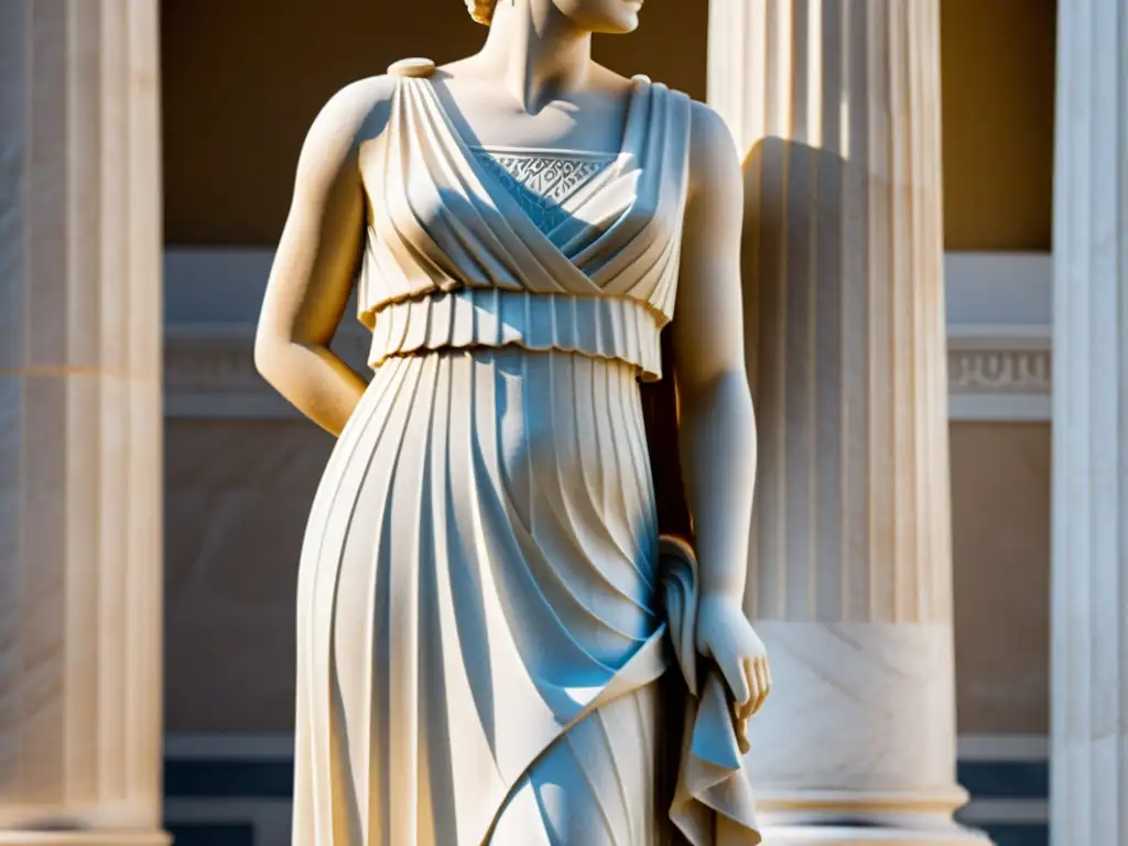 Detalle de una estatua griega antigua de mujer con faldas plisadas, iluminada por luz natural