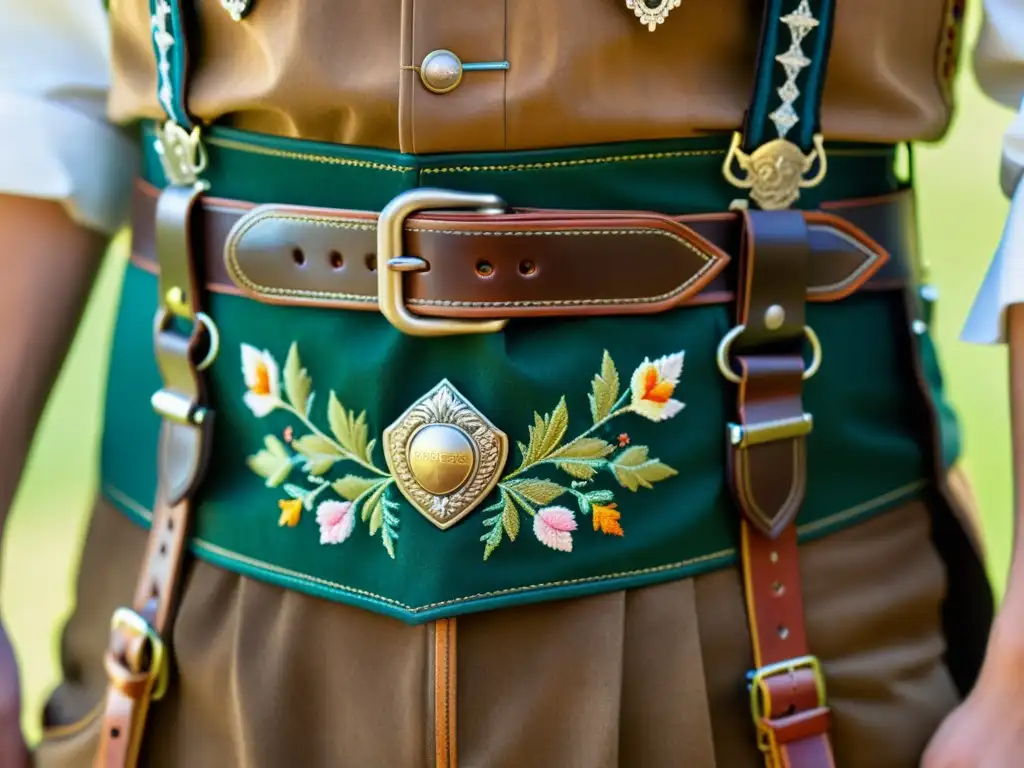 Detalle exquisito de Lederhosen tradicional resalta bordados, cuero y metal