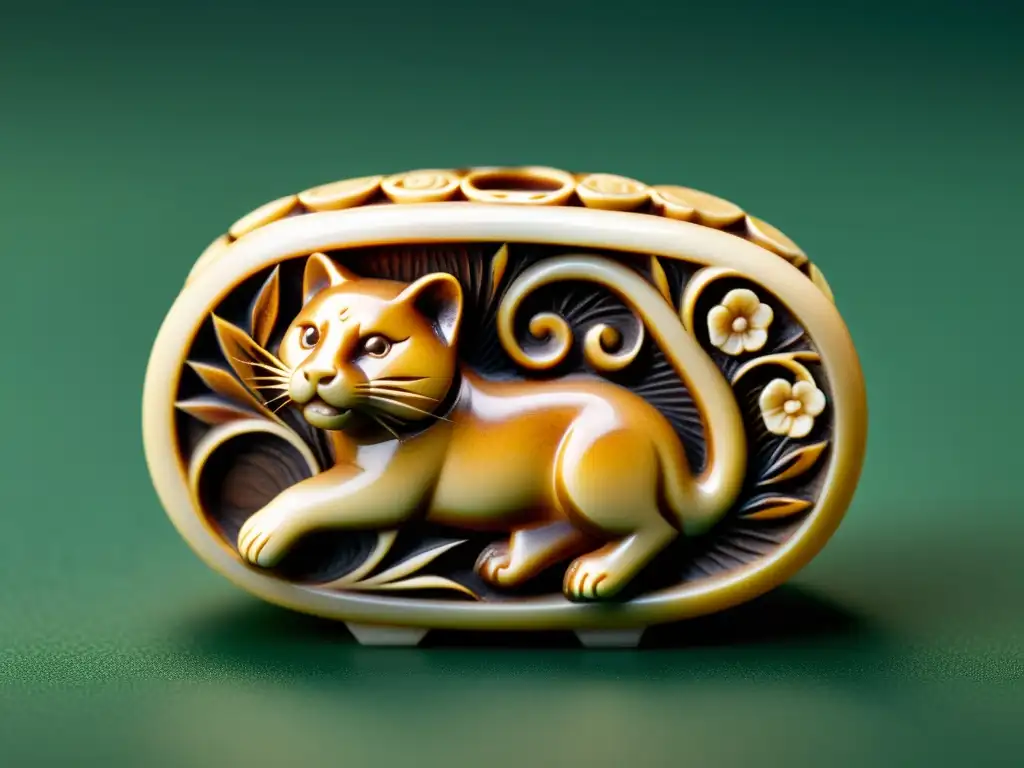 Detalle exquisito de un netsuke japonés, destacando su belleza cultural e historia