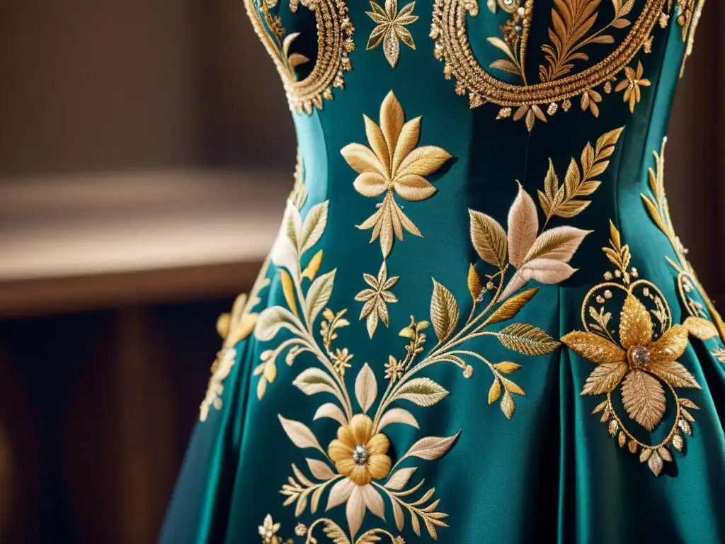 Exquisita artesanía: Detalles de alta costura Detalle de un exquisito vestido de alta costura bordado a mano, destacando las técnicas ancestrales de la alta costura y su artesanía atemporal