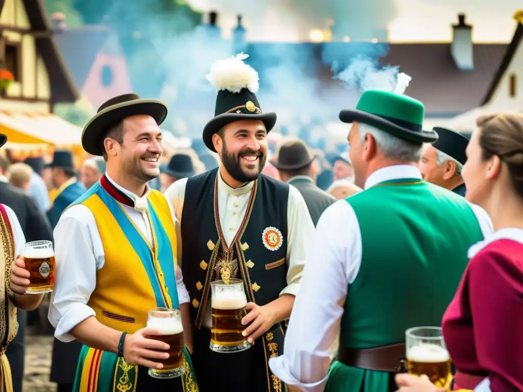 Detalle de festival de cerveza en pueblo europeo: identidad cultural, trajes tradicionales, cerveza recién hecha, conversaciones animadas y risas