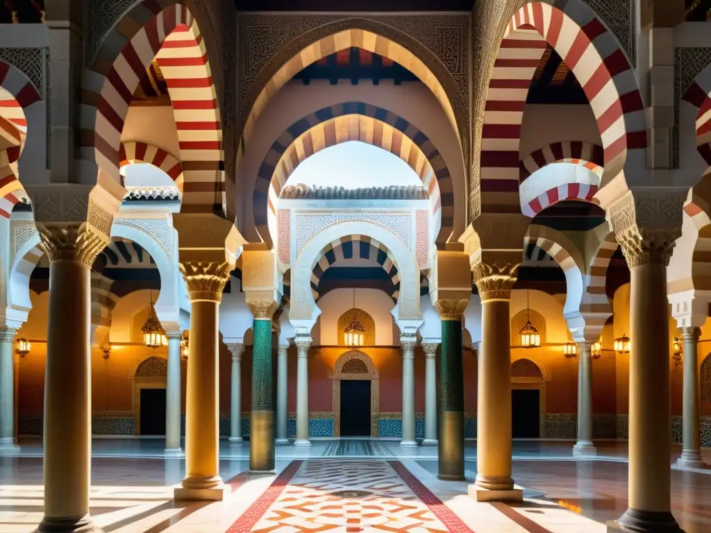 Detalle 8k de la Gran Mezquita de Córdoba, fusionando estilos arquitectónicos islámicos y moriscos, con patrones geométricos e influencias regionales