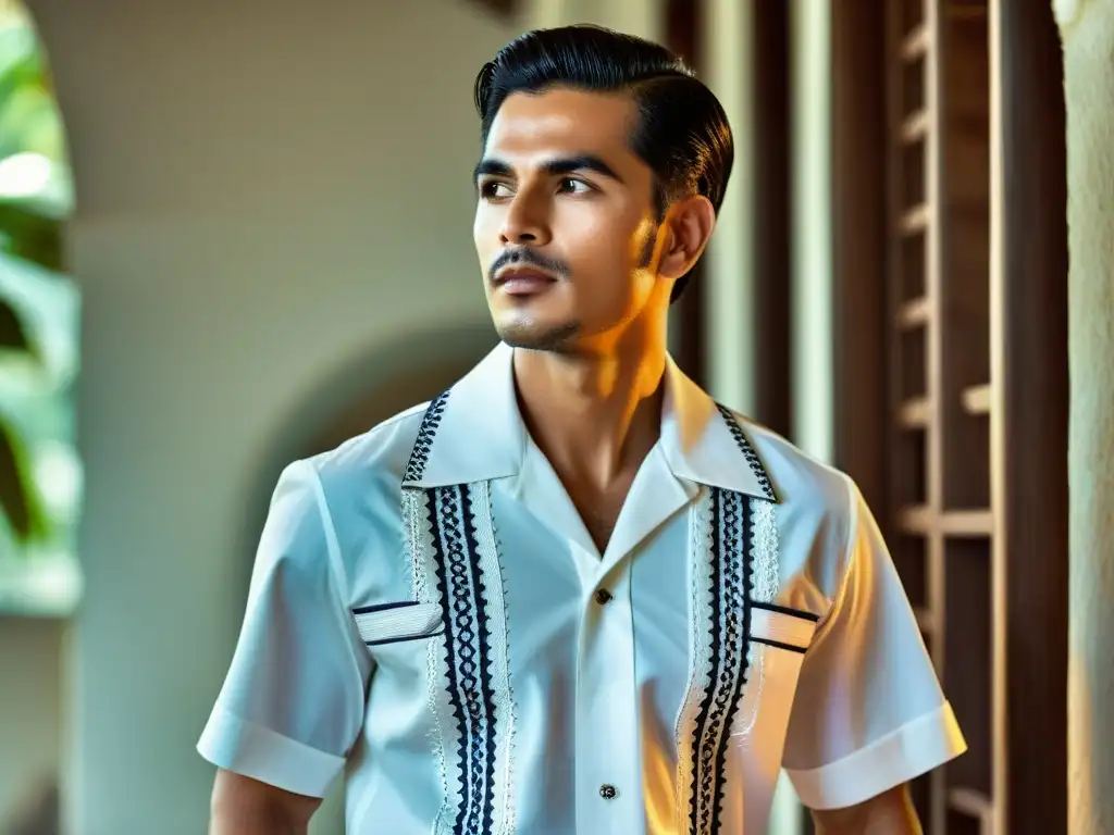 Detalle de guayabera moderna, simbolizando la tradición cultural cubana mundial en la moda contemporánea