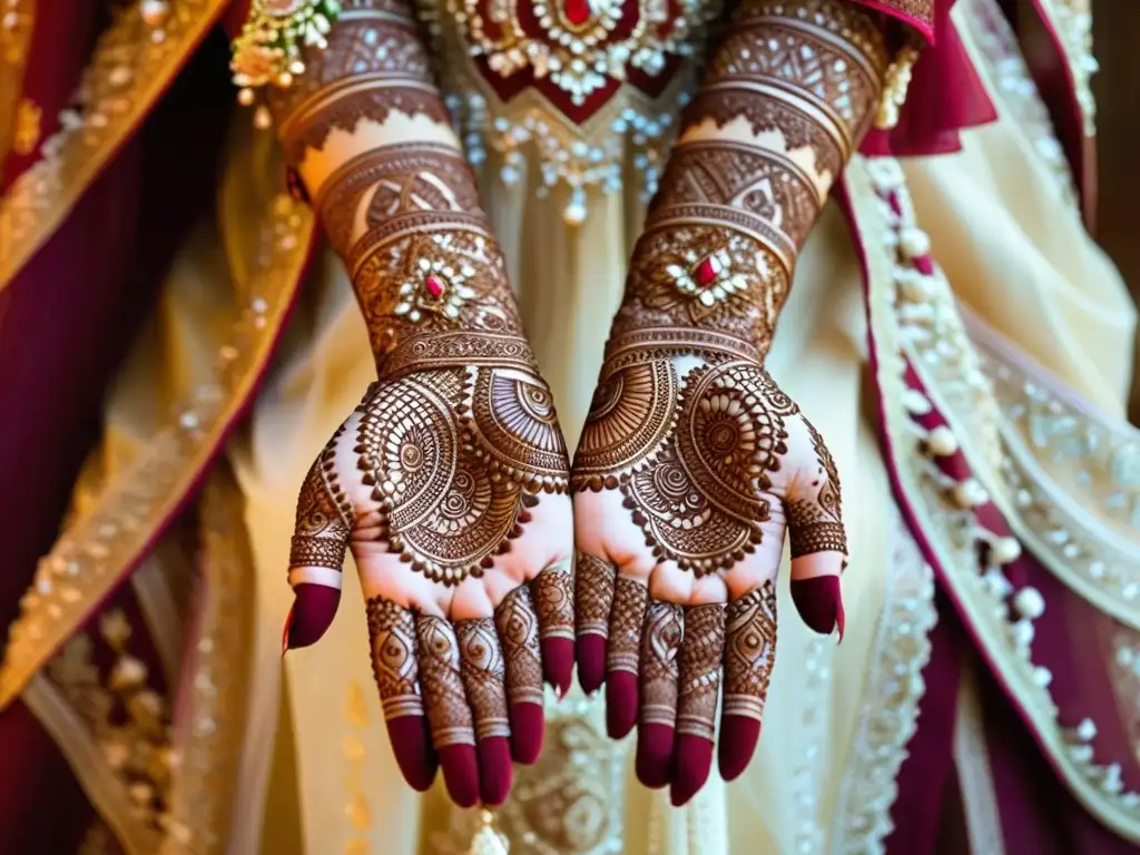 Detalle de diseño de henna en manos de novia, con motivos florales y simbólicos en tonos rojos y marrones, destacando en la piel clara