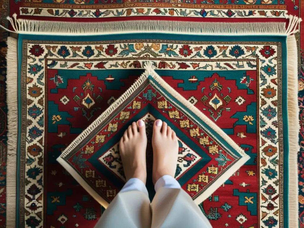 Detalle de una hermosa alfombra persa, con intrincados diseños y colores vibrantes que resaltan el arte ancestral de las alfombras persas