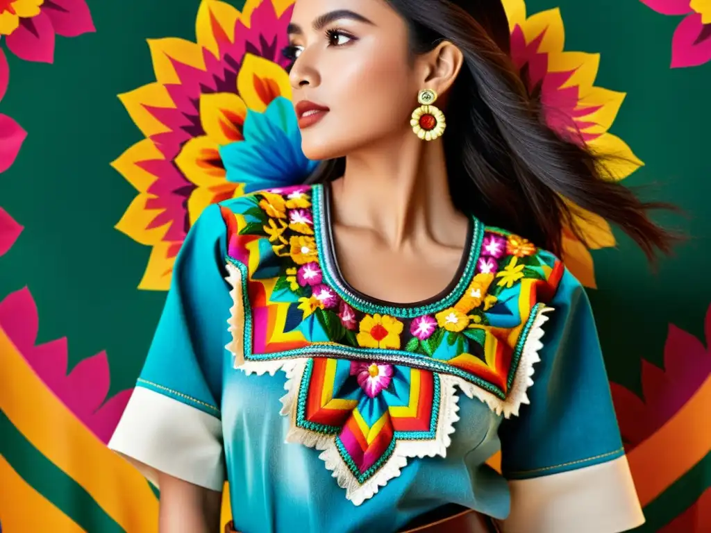 Detalles vibrantes: Huipil mexicano y moda urbana Detalle del huipil mexicano con patrones coloridos y motivos florales, fusionando moda étnica para el día a día y respetando sus orígenes culturales