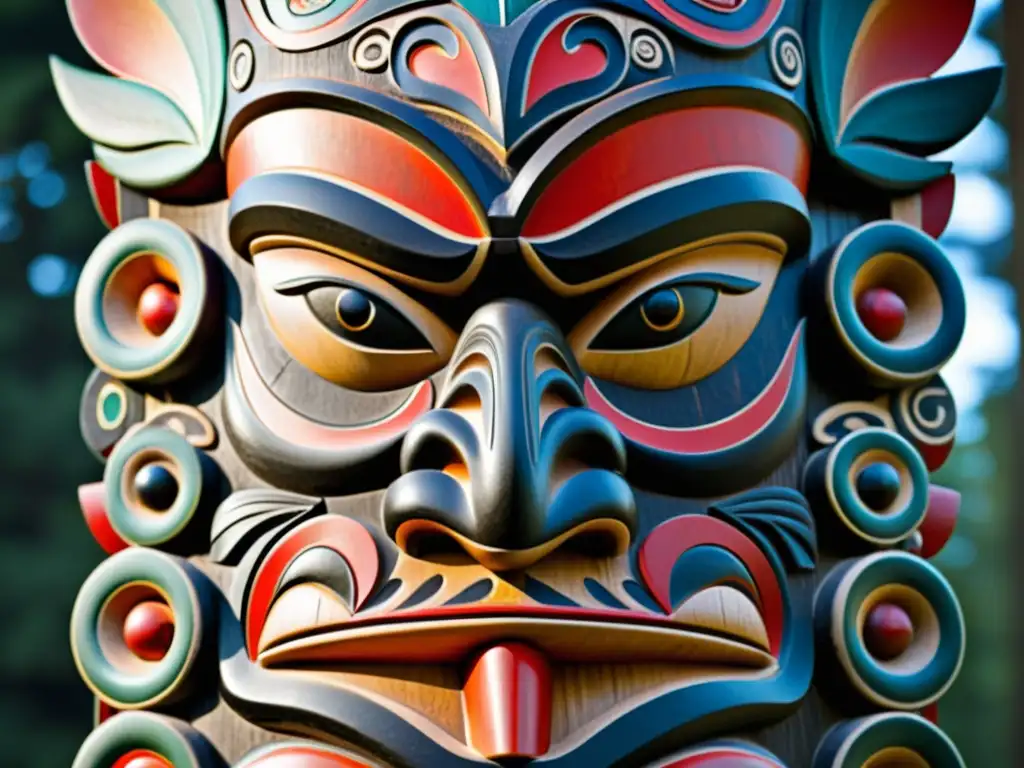 Detalle impresionante del Canto del Haida lengua canadiense: totem tallado con maestría, historia y misticismo en la madera envejecida