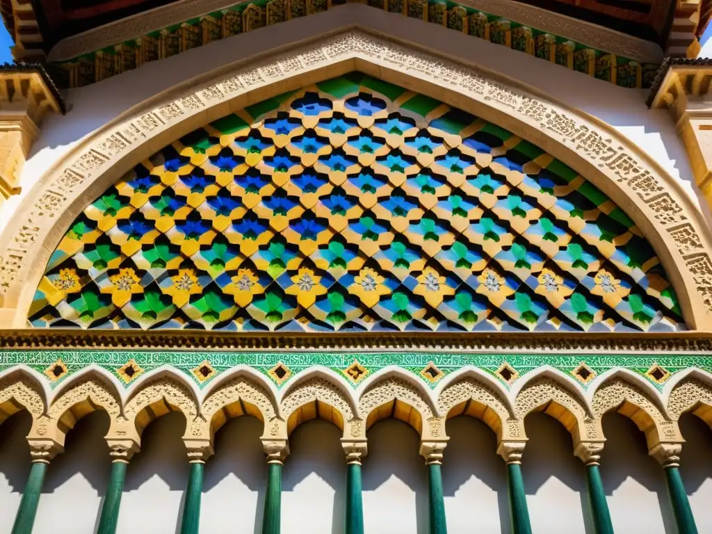 Detalle impresionante del patrón geométrico y azulejos coloridos en la fachada de la Gran Mezquita de Córdoba