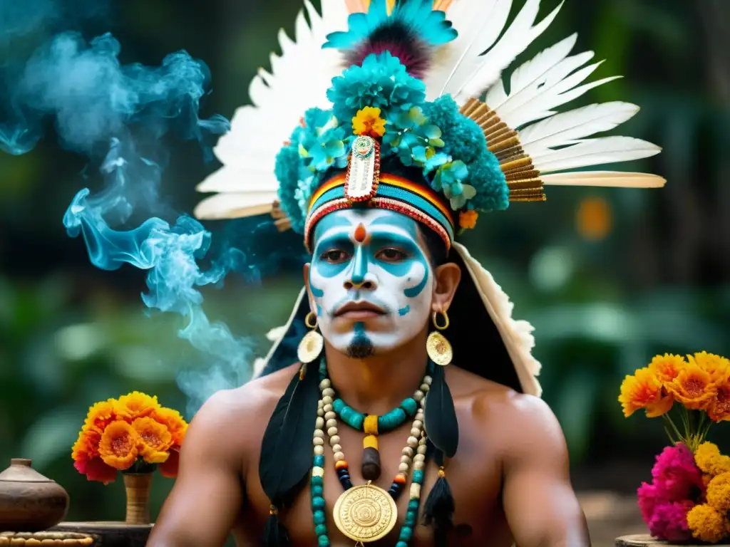 Detalle impresionante de un ritual maya durante el Wayeb' Maya, con chaman, ofrendas y ceremonia