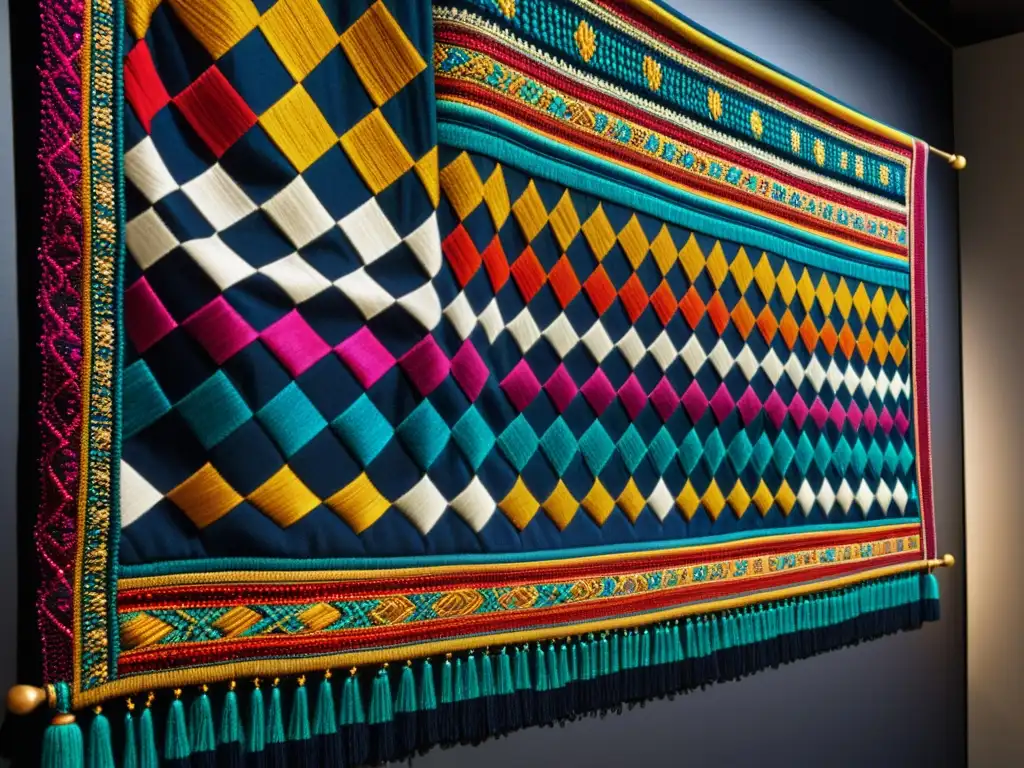 Detalle de una impresionante tela étnica global en exposición, con colores vibrantes y artesanía meticulosa en una galería tenue