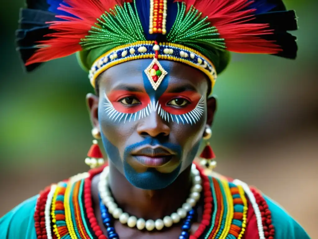 Detalle impresionante del traje ceremonial vudú haitiano, simbolismo y color vibrante