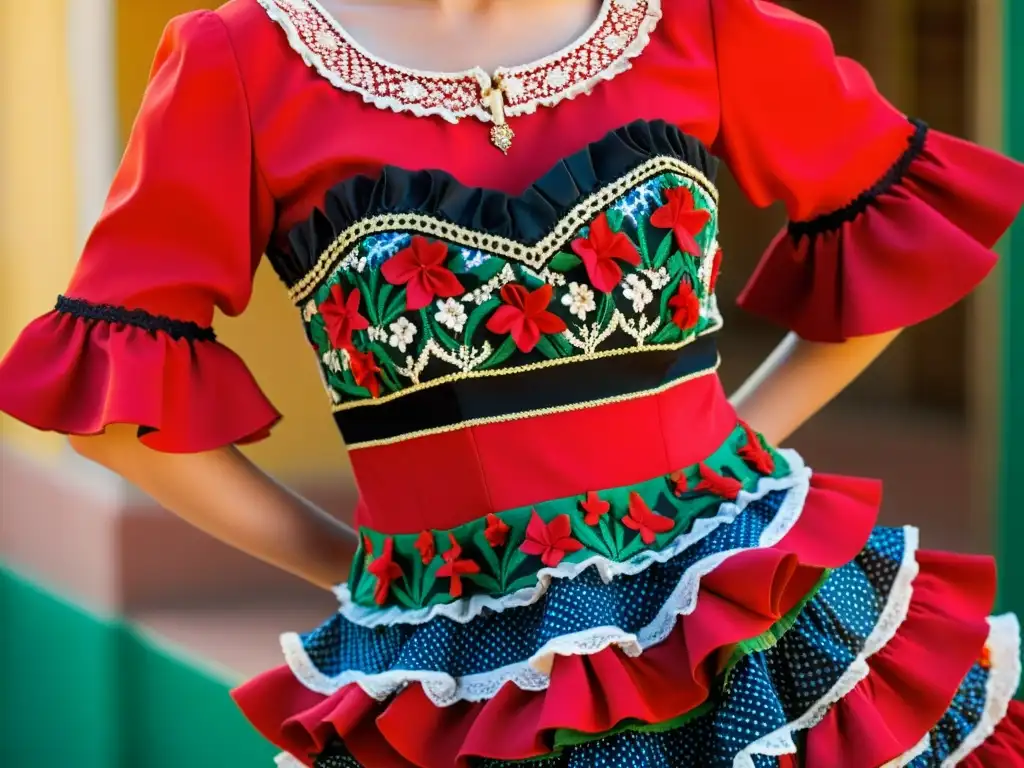 Detalle impresionante de un traje de flamenca tradicional, resaltando sus colores y volantes