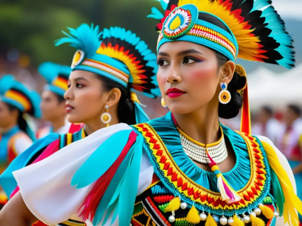 Detalle impresionante de los trajes de la Danza de los Voladores de Papantla, en una animada plaza mexicana