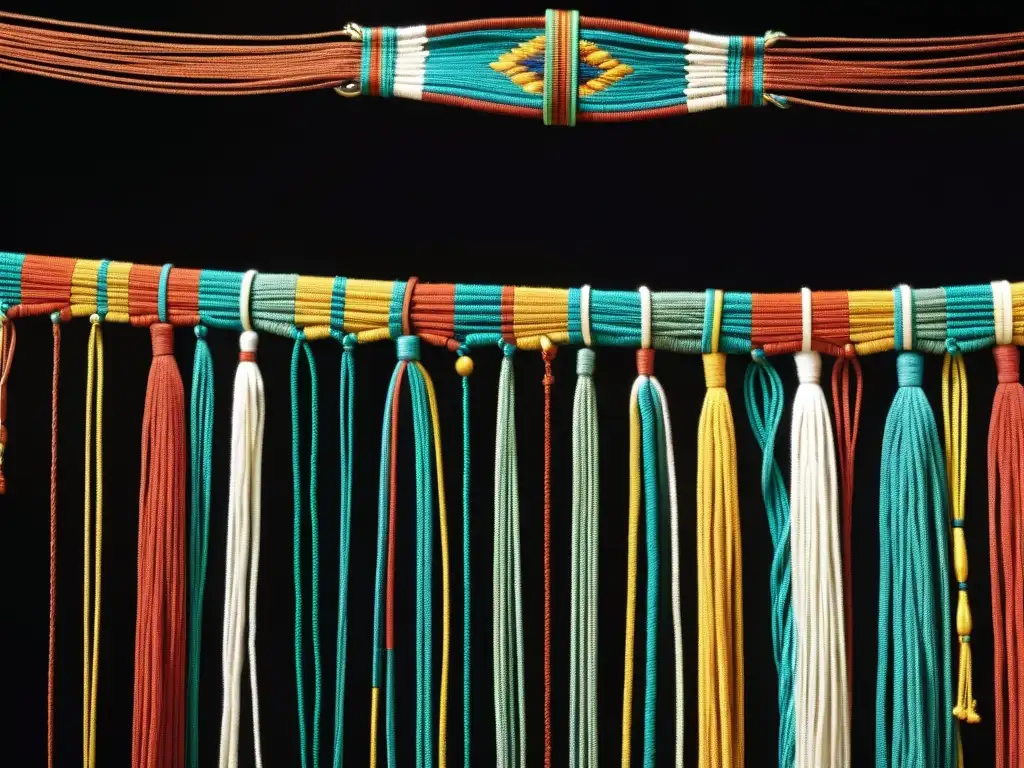 Detalle de un quipu inca, descifrando el antiguo sistema de nudos inca mediante intrincados cordones coloridos