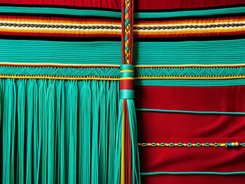 Detalle de un quipu inca bien conservado, entre textiles y artefactos antiguos