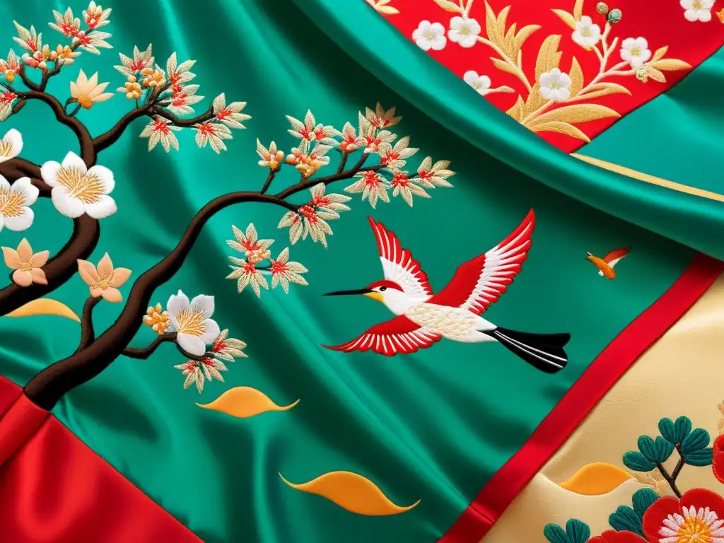 Detalle de un kimono japonés con bordados vibrantes y simbolismo cultural, como cerezos y grullas