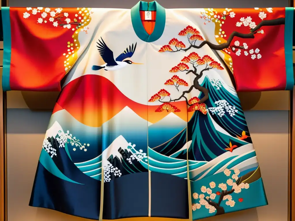 Detalle de un kimono japonés exhibido en un museo, resaltando su significado cultural y su belleza atemporal