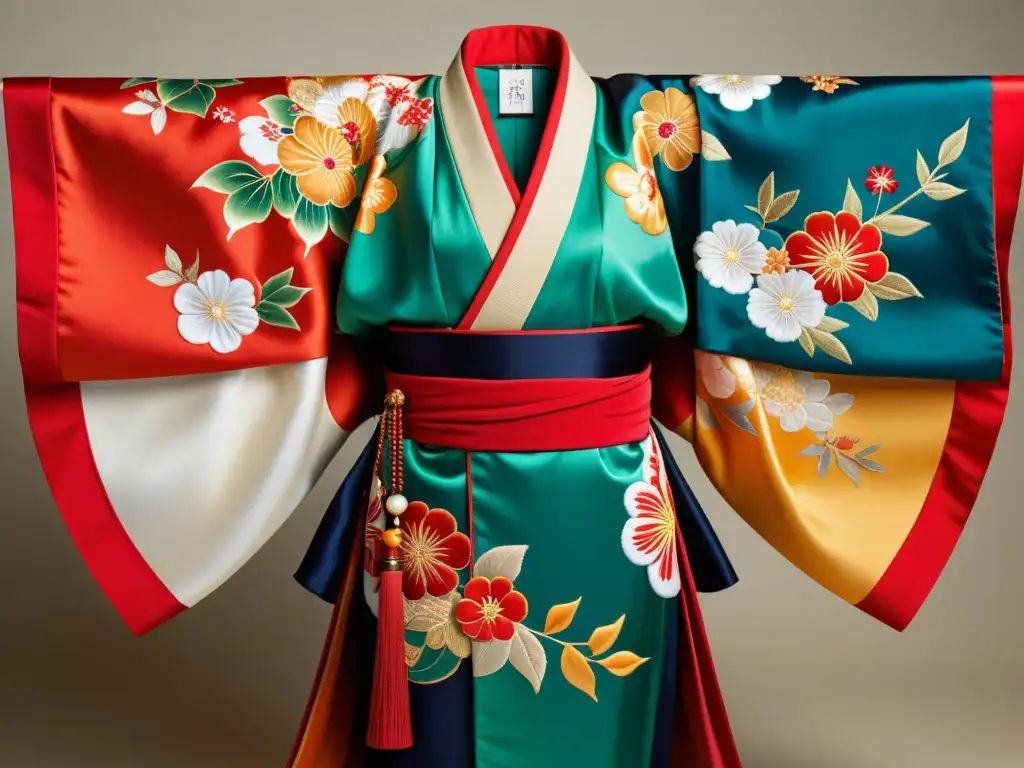 Detalle de un kimono japonés tradicional con bordados intrincados y colores vibrantes, destacando el significado cultural del kimono japonés