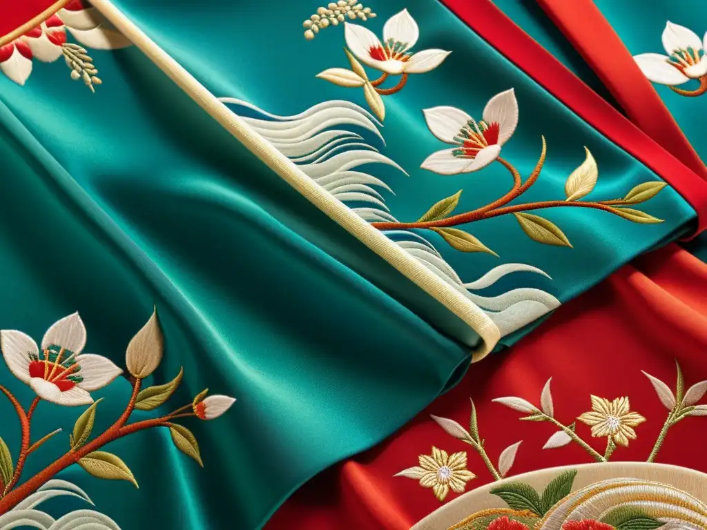 Detalle de kimono japonés tradicional con bordados y colores vibrantes, representando el significado cultural del kimono japonés