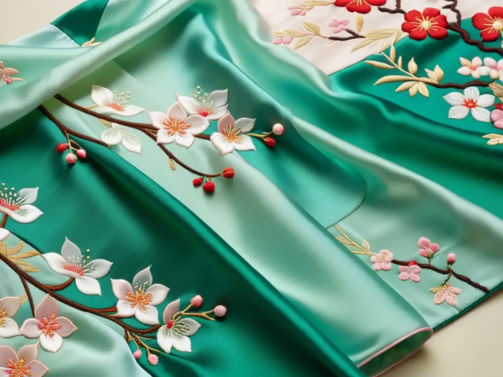 Detalle de kimono de seda con bordados de cerezos en flor y agua