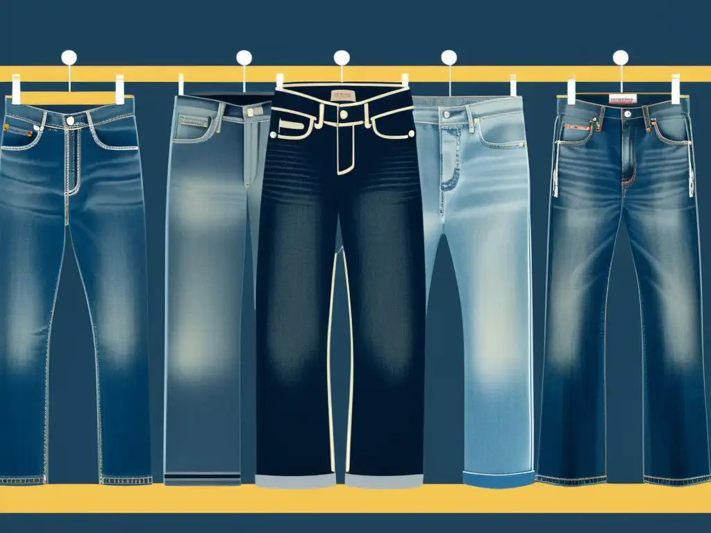 Detalle de la evolución de los jeans a lo largo de las décadas, desde el ropaje de trabajo hasta tendencias modernas