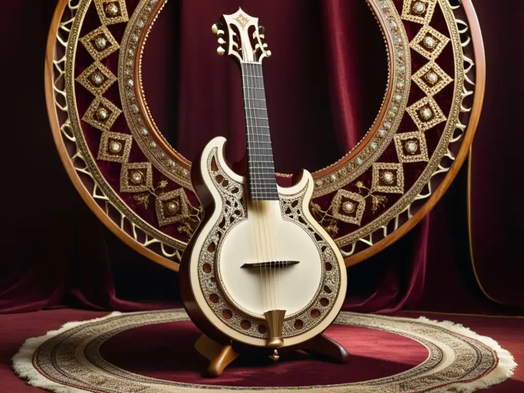 Detalle de un majestuoso sitar hindú con incrustaciones de nácar sobre un fondo de tela bordada en tonos de burdeos y dorado