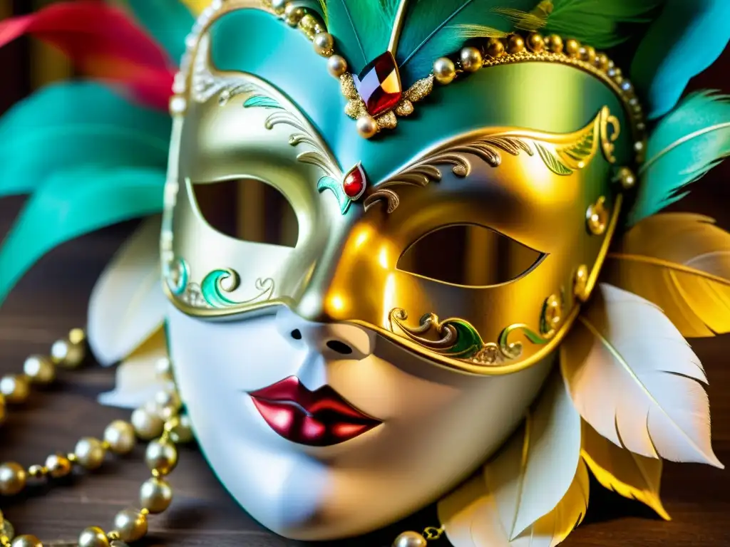 Detalle de una máscara tradicional del Veneciano Carnevale con colores vibrantes, detalles en oro y plumas elegantes, evocando misterio y tradición