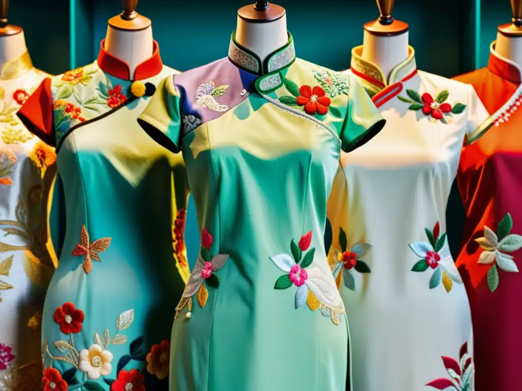 Detalle de la evolución del qipao en la moda china: vibrantes colores y exquisitos bordados de vestidos tradicionales exhibiendo elegancia atemporal