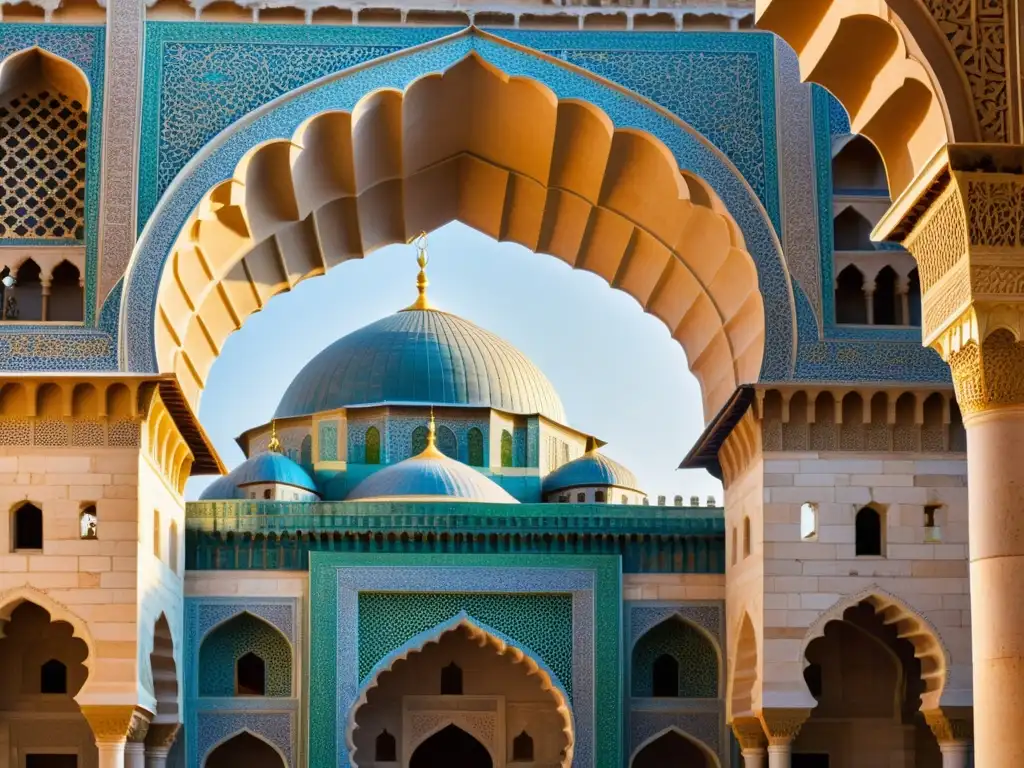 Detalle de restauración en monumento islámico, artesanos reparan azulejos bajo la cálida luz solar