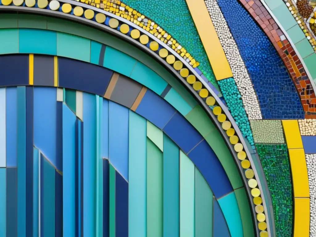 Detalle de mosaico artístico hecho con colecciones innovadoras materiales reciclados, creando una obra única y vibrante