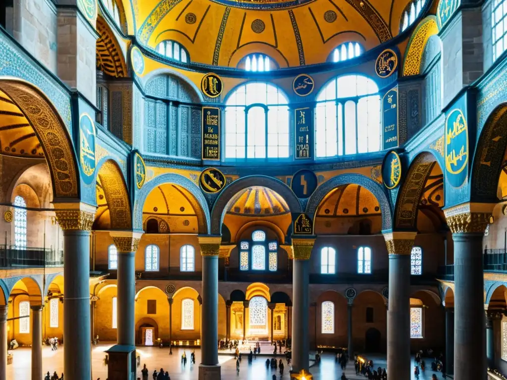 Detalle de mosaicos y cúpula central de la Hagia Sophia en Estambul, mostrando la rica herencia cultural y religiosa de la ciudad