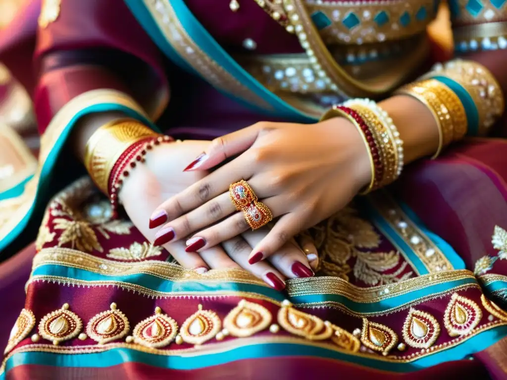 Detalle de mujer con sari tradicional indio en tonos rojos, dorados y azules, con henna y joyas