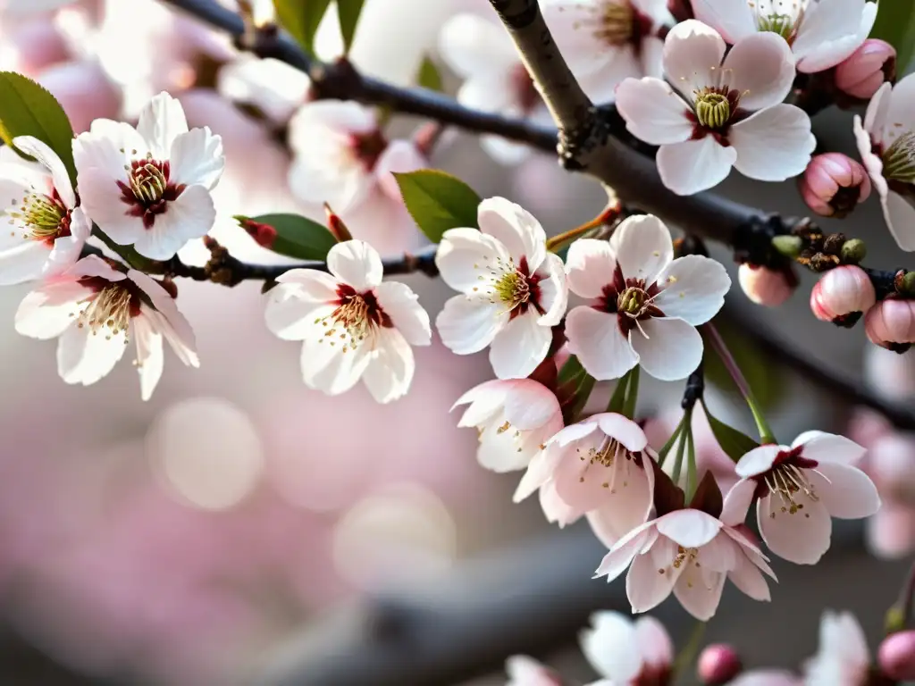 Detalle de pétalos de flores de cerezo en tonos rosados y blancos, con luz suave y etérea entre las ramas