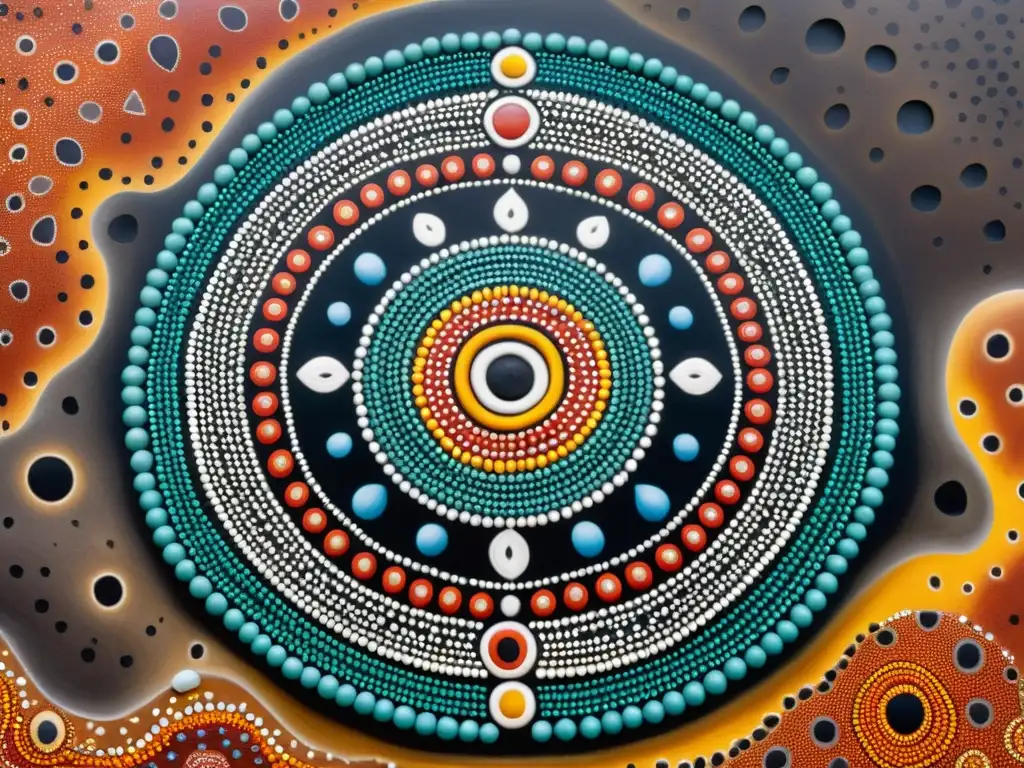 Detalle de pintura aborigen con símbolos ancestrales, colores vibrantes y significado cultural en una composición elaborada