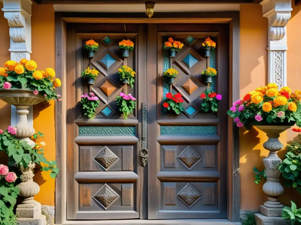 Detalles en madera: Puerta tallada de casa rural Detalle de una puerta de madera tallada en una casa rural con encanto, evocando tradiciones campesinas y artesanía